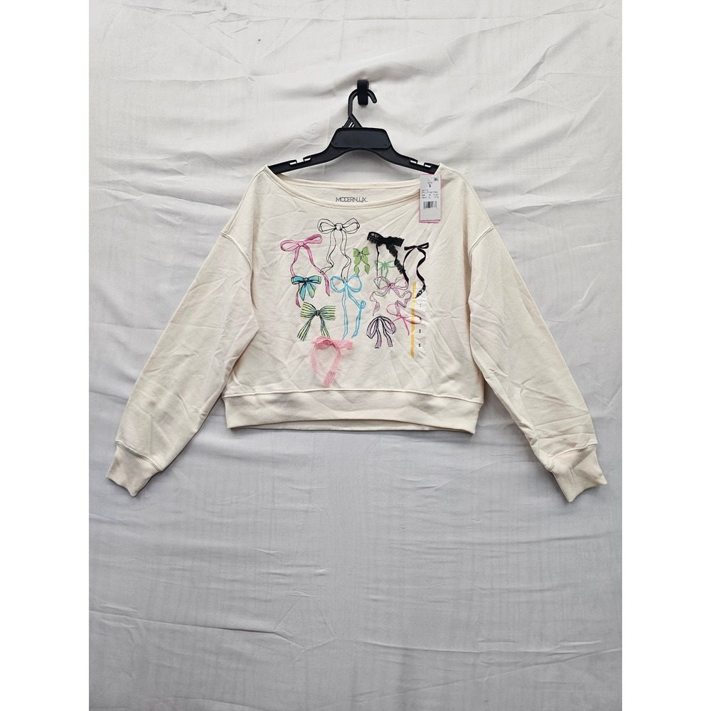 Modern Lux Womens Pullover Sweatshirt White Cotton Blend Casual Size Small